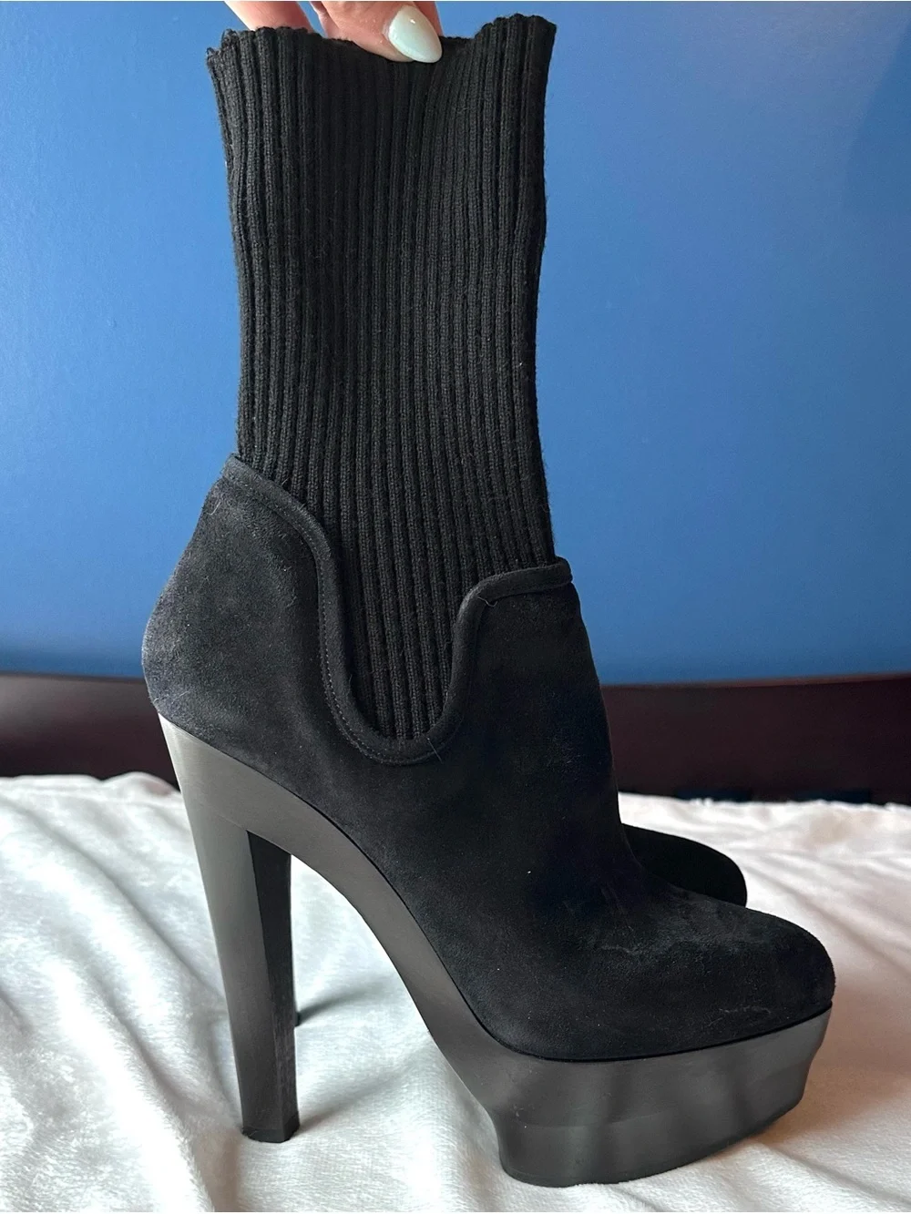 Enio Silla for Le Silla Black Suede Wool Sock Platform Stiletto Ankle Boot 7